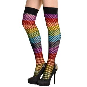 Double Layer Rainbow Fishnet Thigh High Stockings – Festival Rave One Size